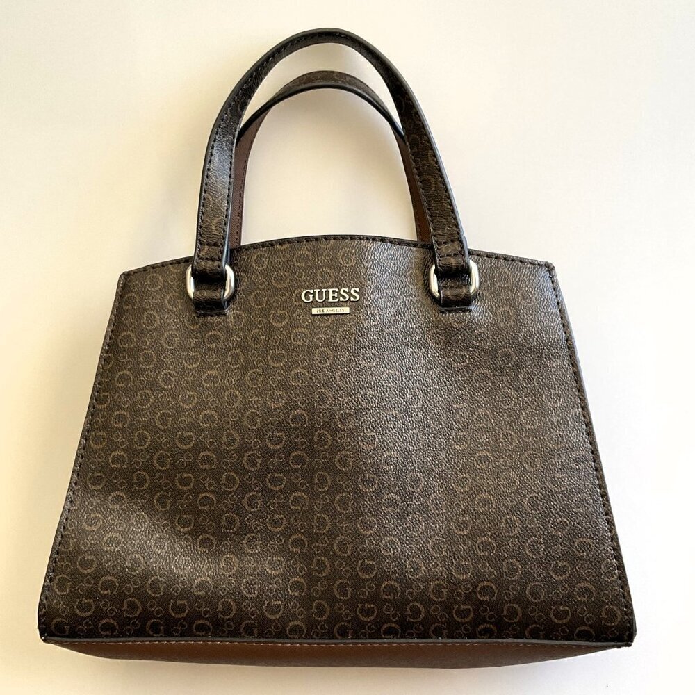GUESS Brown Monogram Satchel Tote Crossbody Bag - Like New